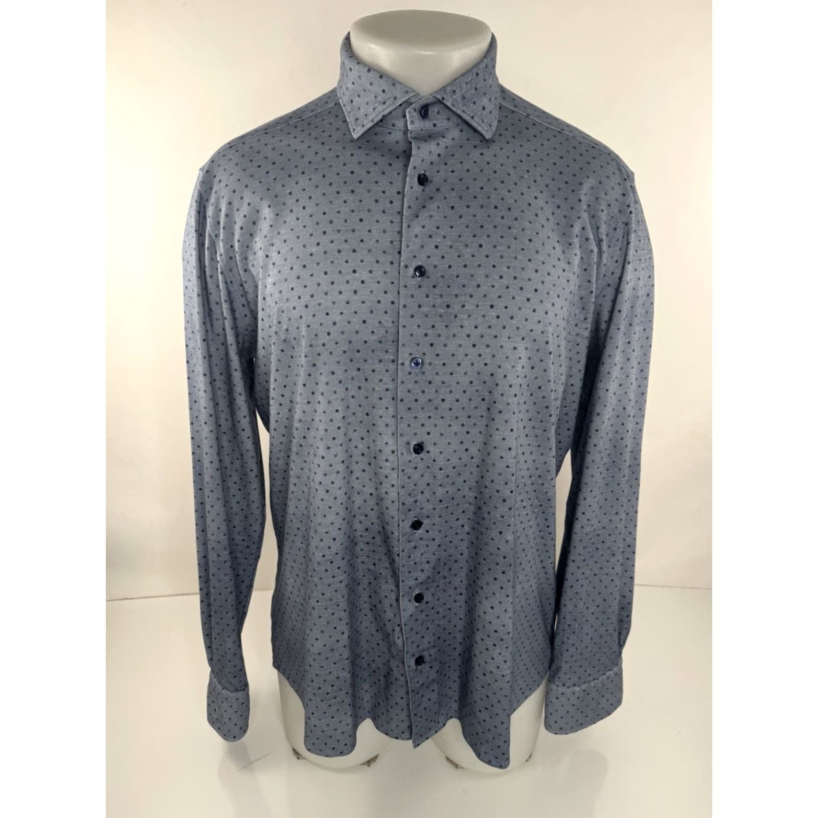Vintage EMANUEL BERG Shirt Mens L Gray / Blue Polka Dot Soft Cotton Blend Stretch Button-Up Long Sleeve SMALL FLAW Size US L / EU 52-54 / 3 - 2 Thumbnail
