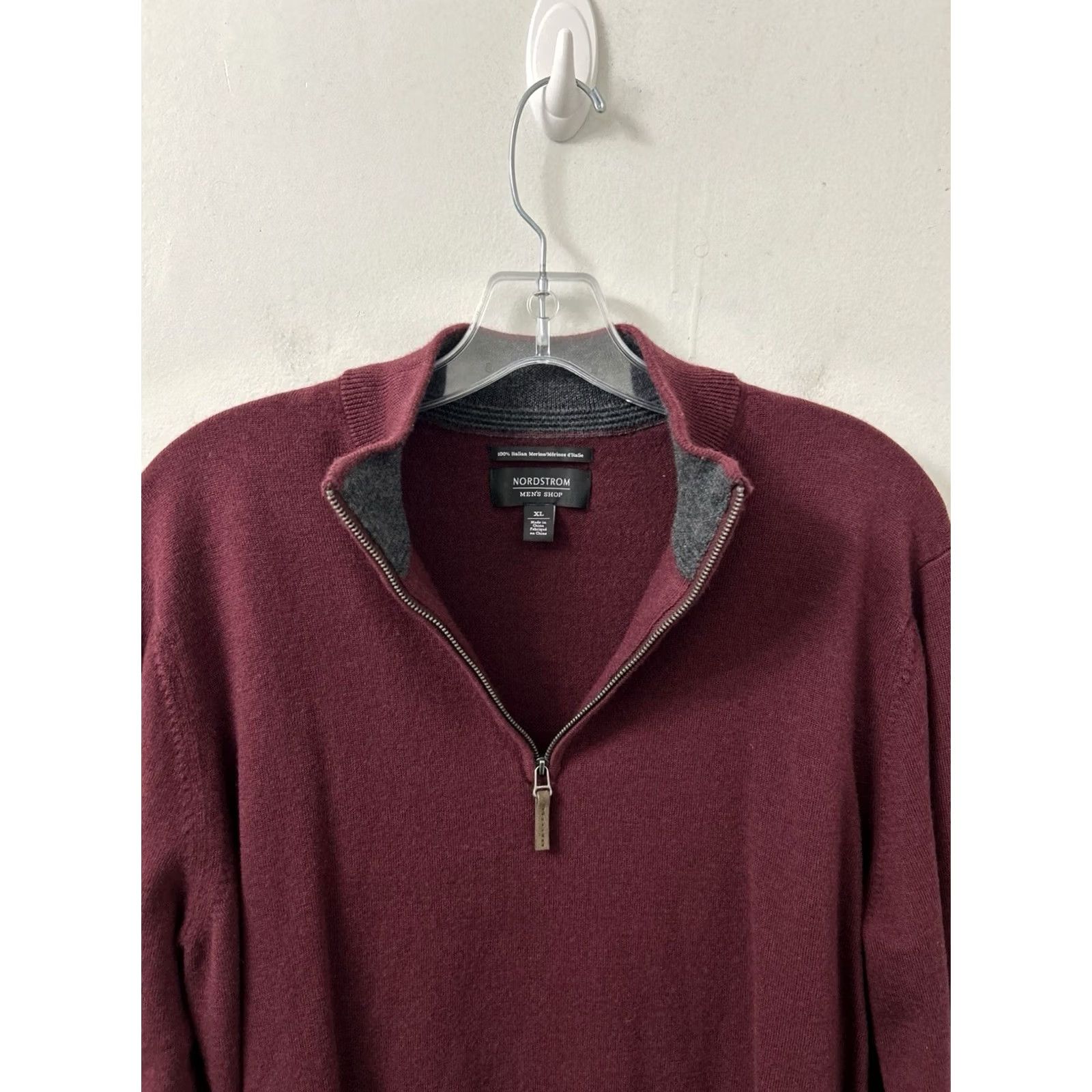 Nordstrom Nordstrom Mens XL Burgundy 100% Italian Merino Wool 1/4 Zip Sweater Pullover L/S Mock Neck Regular Fit Dry Clean Only Size US XL / EU 56 / 4 - 7 Thumbnail