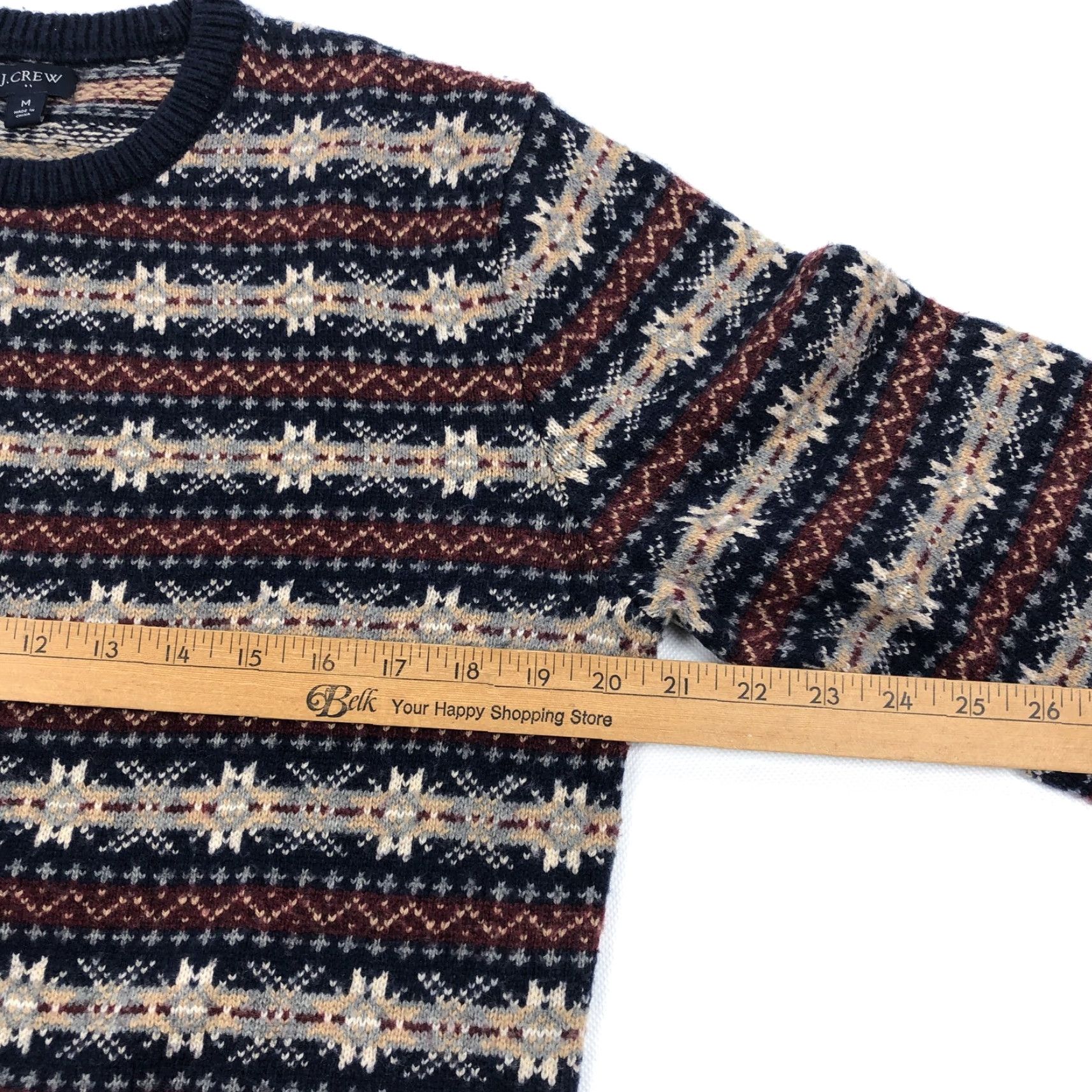 J.Crew J.CREW Men's M Fair Isle Wool Blend Crew Neck Sweater Navy Red Tan Knit Size US M / EU 48-50 / 2 - 5 Thumbnail