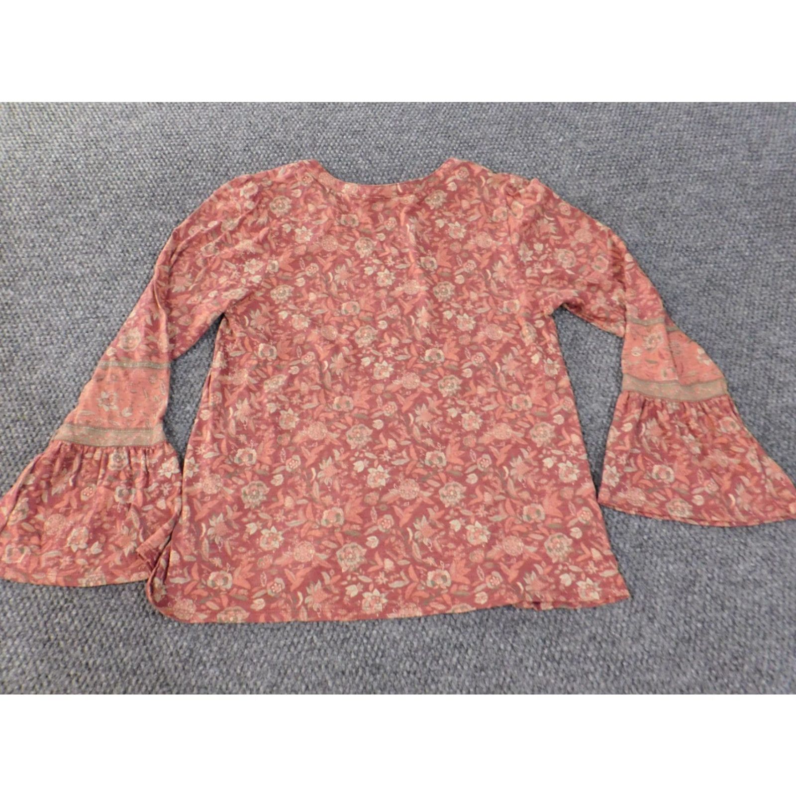 Lucky Brand Lucky Brand Blouse Shirt Women M Pink Bell Sleeve Geometric Floral V-Neck Cotton Linen Viscose Rayon Stretch Regular Basic Casual Size M / US 6-8 / IT 42-44 - 6 Thumbnail