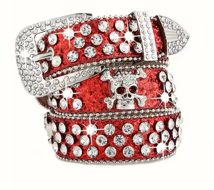 Leather Rhinestone Skull Rivet Belt Size ONE SIZE - 1 Thumbnail