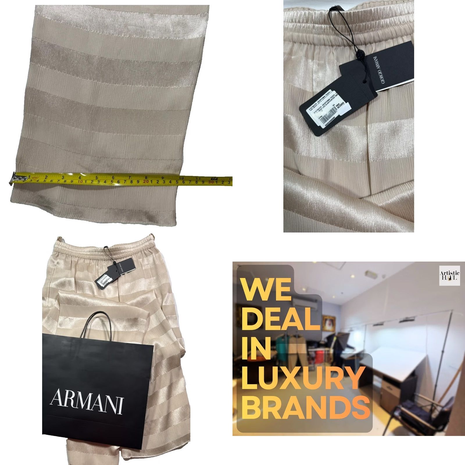 Armani Armani Women Beig​e Striped Wide-Leg Pants 42 Elastic Waist - Satin Front Flat 30 in Inseam Size 28" / US 6 / IT 42 - 8 Thumbnail