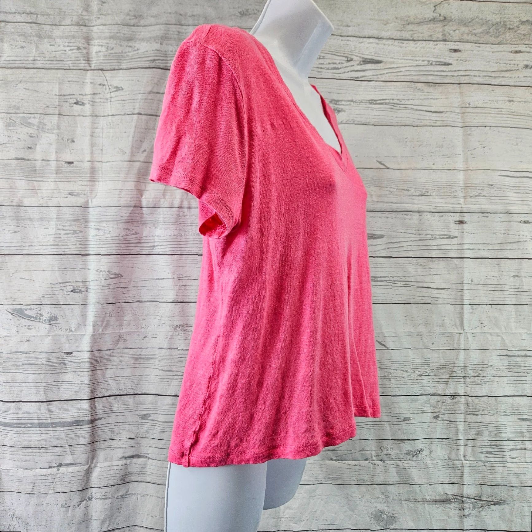 J.Crew J.CREW Womens Linen Tee S Solid Pink Short Sleeve V-Neck Shirt Size 28" / US 6 / IT 42 - 2 Thumbnail