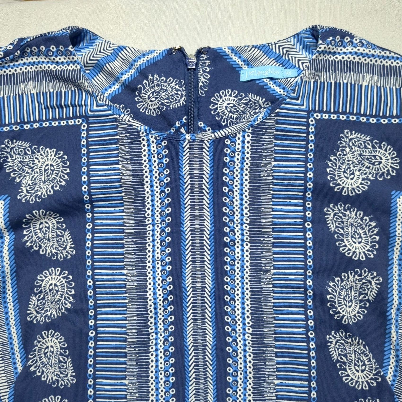 J.McLaughlin J.McLaughlin XS Blue Paisley Geometric Catalina Cloth Sheath Dress Long Sleeve Dress Navy Blue Women XS Belt Zip Collarless Round Neck Casual Workwear Size XS / US 0-2 / IT 36-38 - 2 Thumbnail
