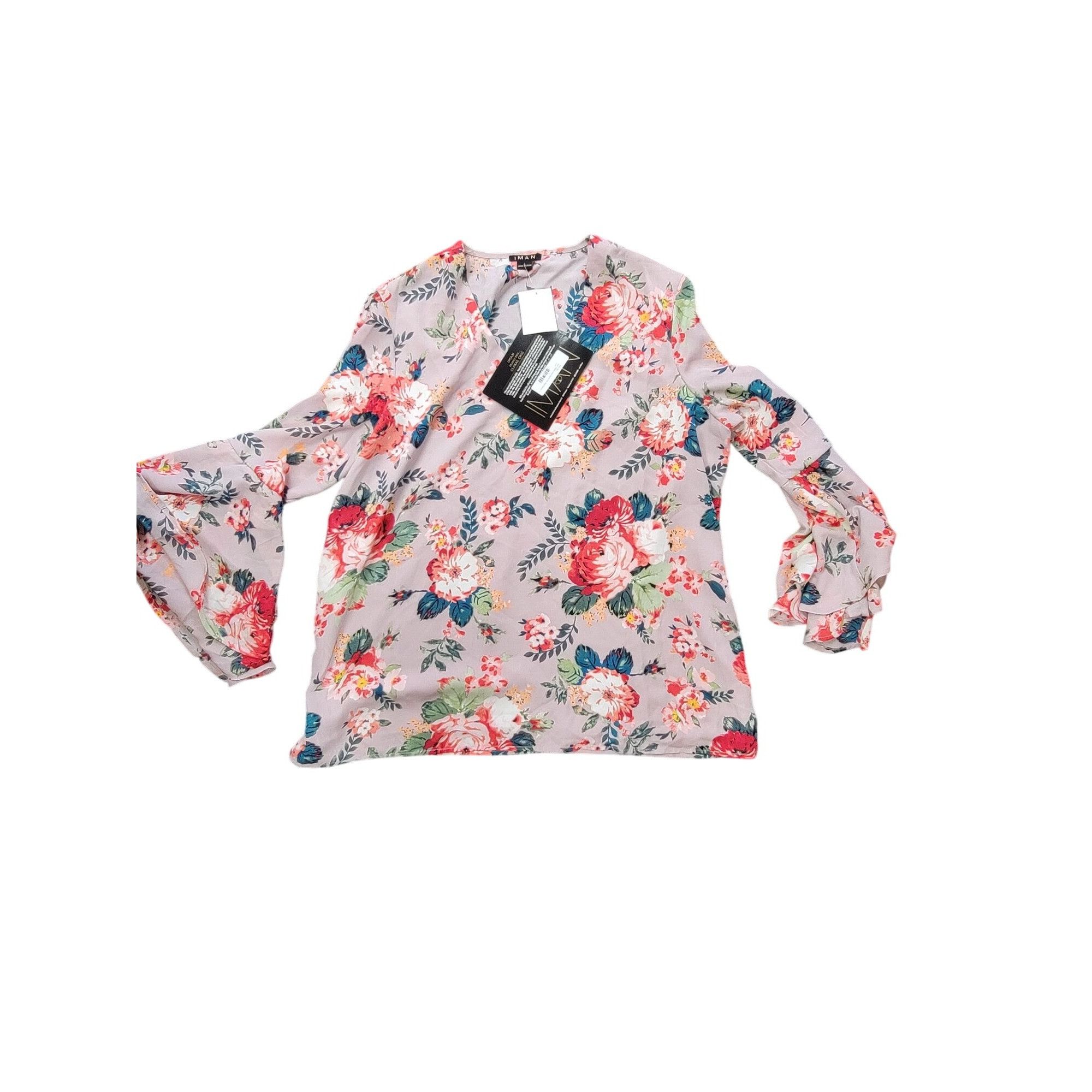 Vince Camuto Womens Floral Bell Sleeve Blouse With V-Neck Pink & Red Rose Size L / US 10 / IT 46 - 2 Thumbnail