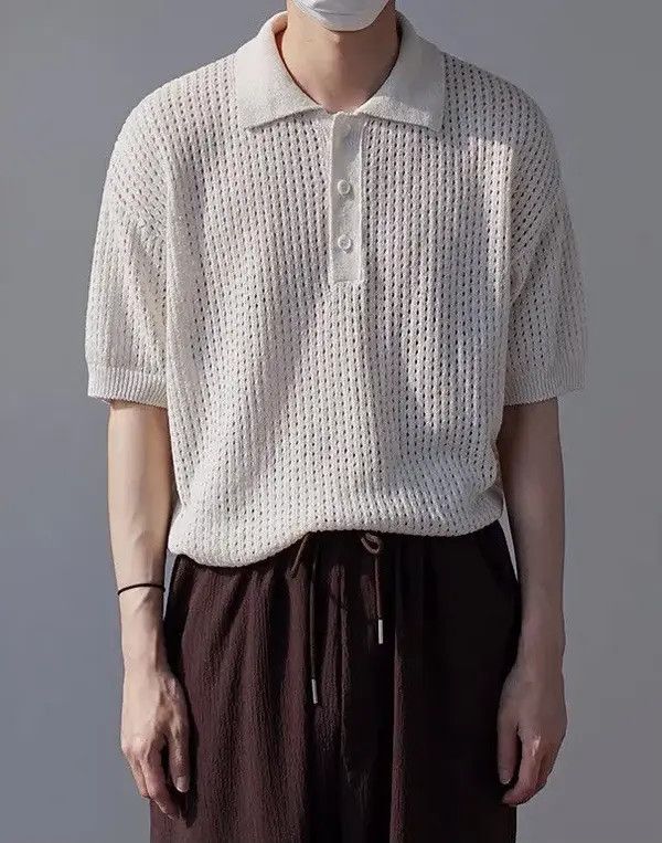 VIBE Korean fashion beige knit polo top Size US M / EU 48-50 / 2 - 2 Thumbnail
