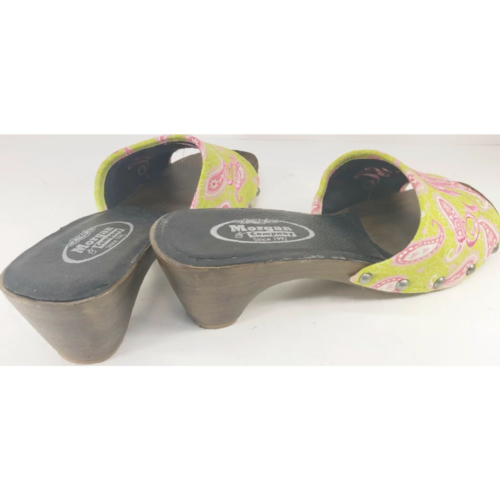 Vintage Morgan & Company Pink Chartreuse Paisley Women’s Sandal Slide Kitten Heel 8M Size US 8 / IT 38 - 4 Thumbnail