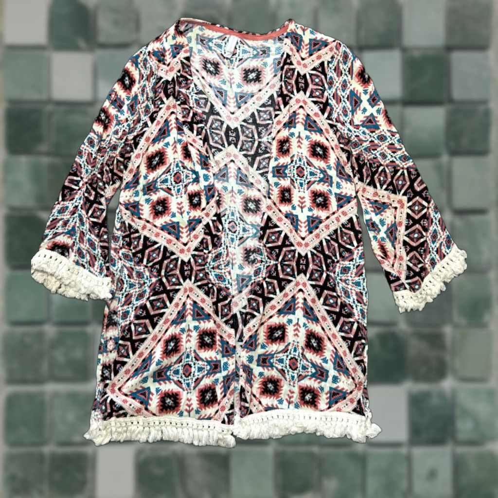 Vintage Xhiliration Kimono Top Womens Medium Open Front Boho Print Fringed Size M / US 6-8 / IT 42-44 - 1 Thumbnail