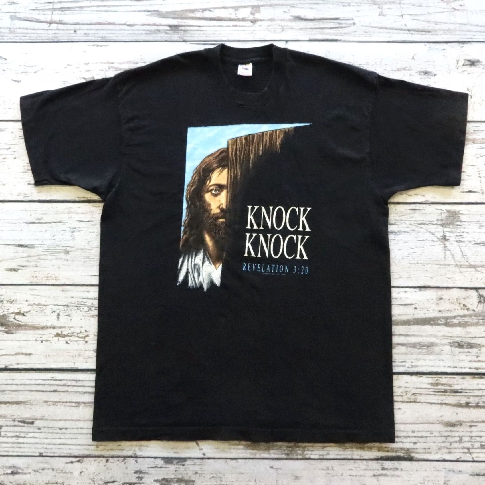 Fruit Of The Loom VINTAGE Knock Knock Revelation 3:20 Shirt 2XL Black Mens Gold Size US XXL / EU 58 / 5 - 2 Thumbnail