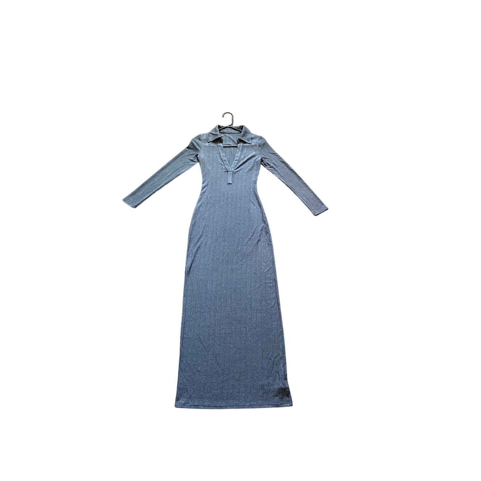 Other Micas Gray V-Neck Long Sleeve Collared Bodycon Long Dress Size S / US 4 / IT 40 - 2 Thumbnail