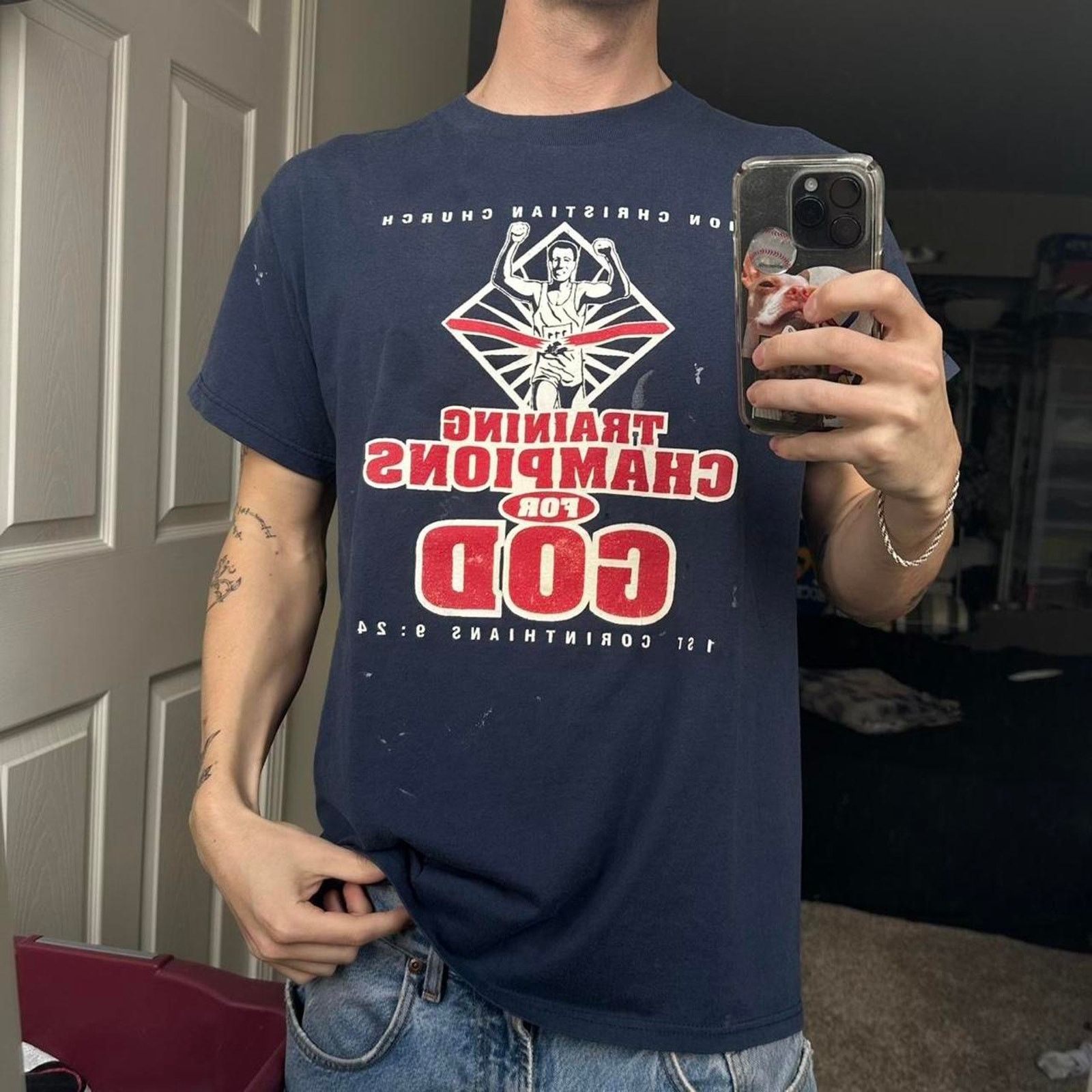 Vintage Vintage 90s Navy Faded Thrashed God Jesus Graphic Shirt Size US L / EU 52-54 / 3 - 8 Thumbnail