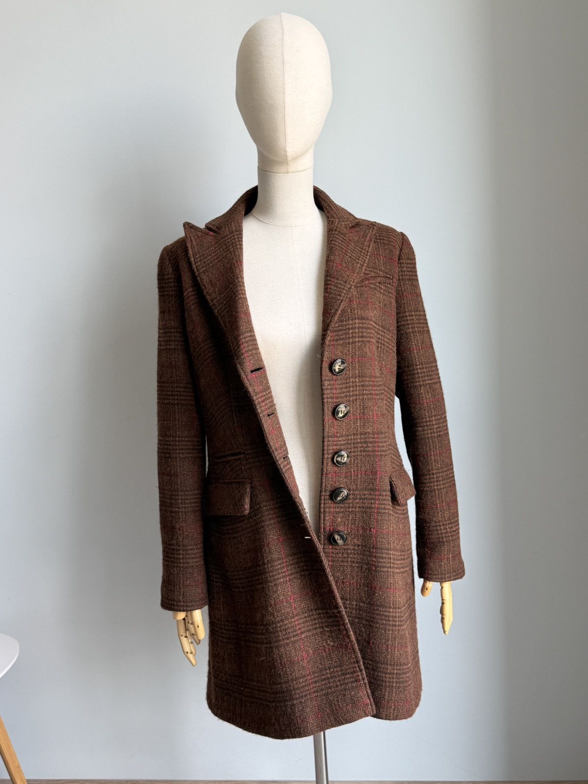 Sezane Sézane Brown Tweed Red Windowpane Wool Coat Tailored Size S / US 4 / IT 40 - 5 Thumbnail
