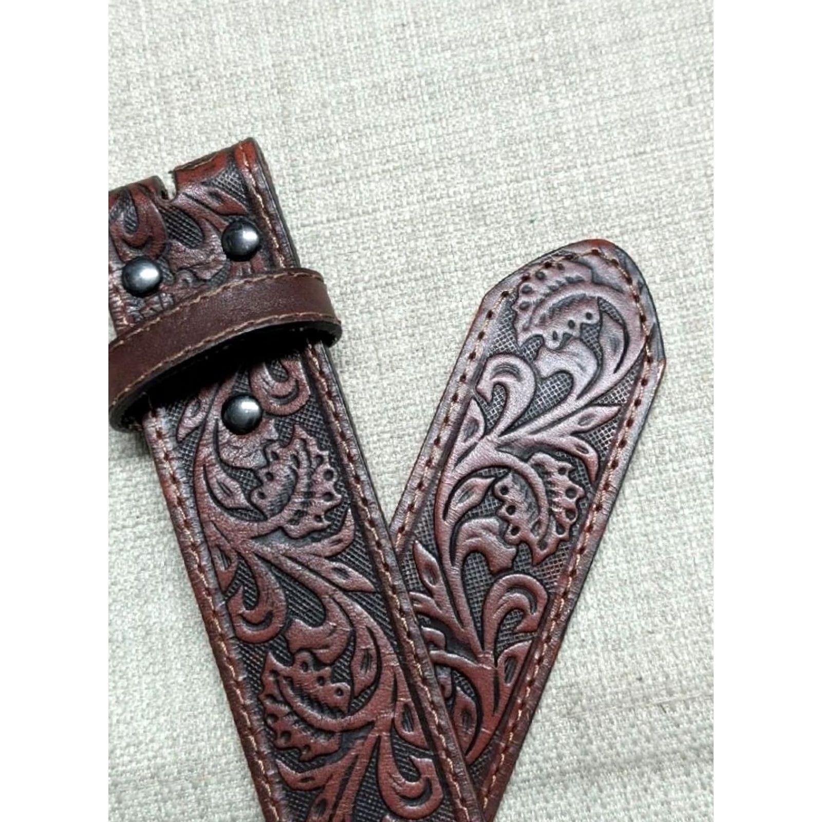Ariat VINTAGE Ariat belt Tooled leather Western belt 34 Brown Mens 1-1/2" width Southwestern Cowboy Buckle belt 39.5" total length 31.5-35.5 belt holes Size 34 - 2 Thumbnail