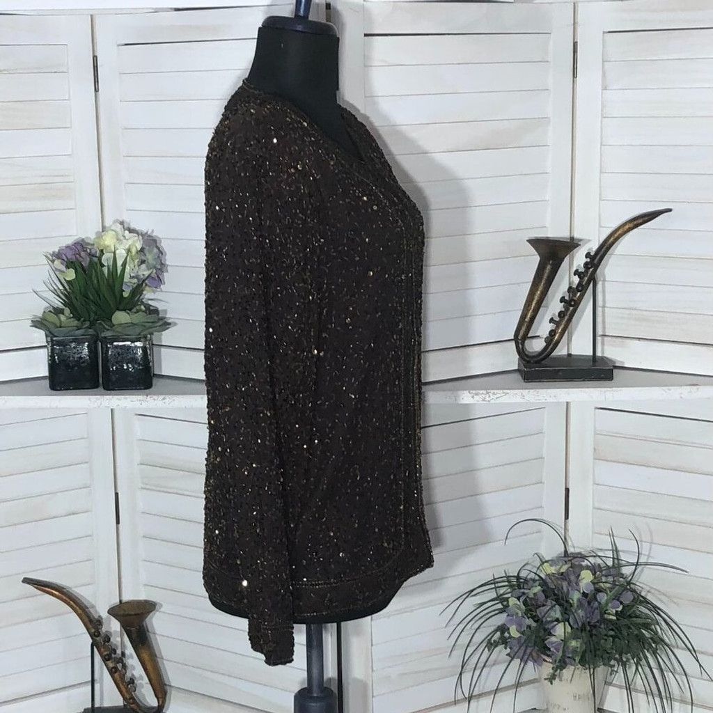 Vintage 100% silk beaded sequined brown blazer long sleeves blouse S Size XS / US 0-2 / IT 36-38 - 10 Thumbnail
