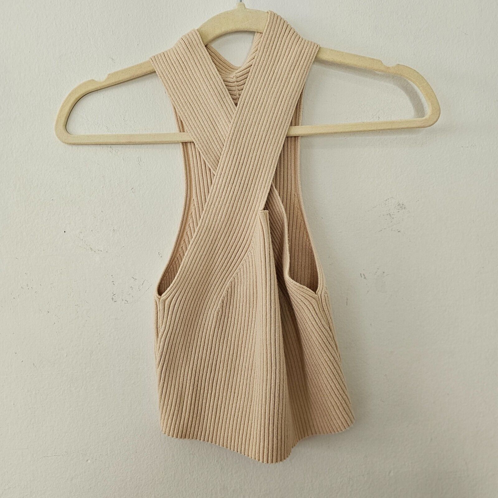Cider Cider Beige Rib Sleeveless Criss Cross Front Halter Crop Top Size XL / US 12-14 / IT 48-50 - 3 Thumbnail