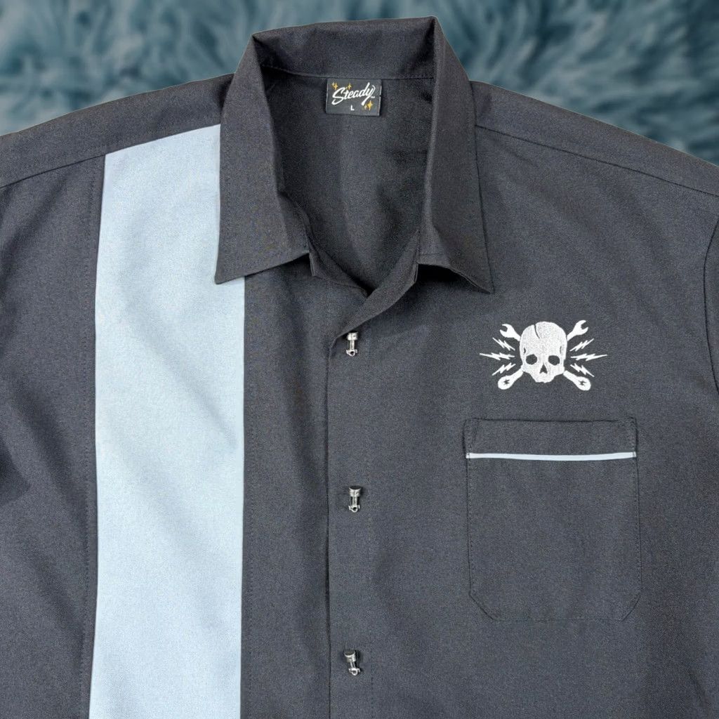 Vintage Steady Clothing Shirt Mens L Black Bowling Blue Skull Piston Buttons USA ST37092 Size US L / EU 52-54 / 3 - 1 Thumbnail