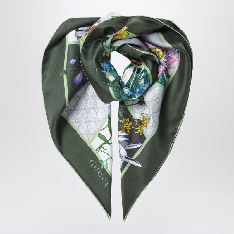 Gucci Gucci Green Silk Twill Scarf With Flora Print Size ONE SIZE - 1 Thumbnail