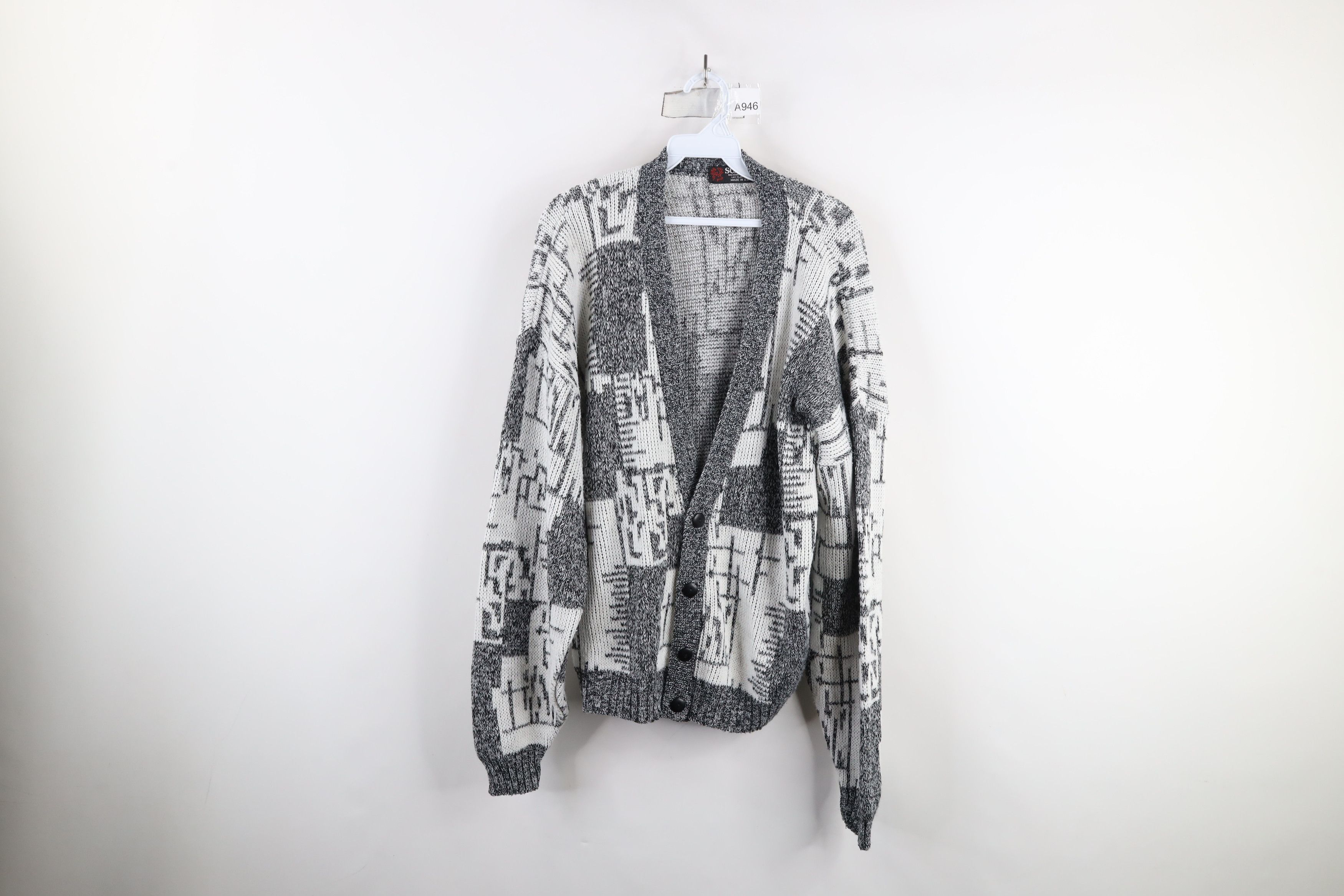Vintage Vintage 90s Streetwear Geometric Knit Cardigan Sweater USA Size US XL / EU 56 / 4 - 1 Thumbnail