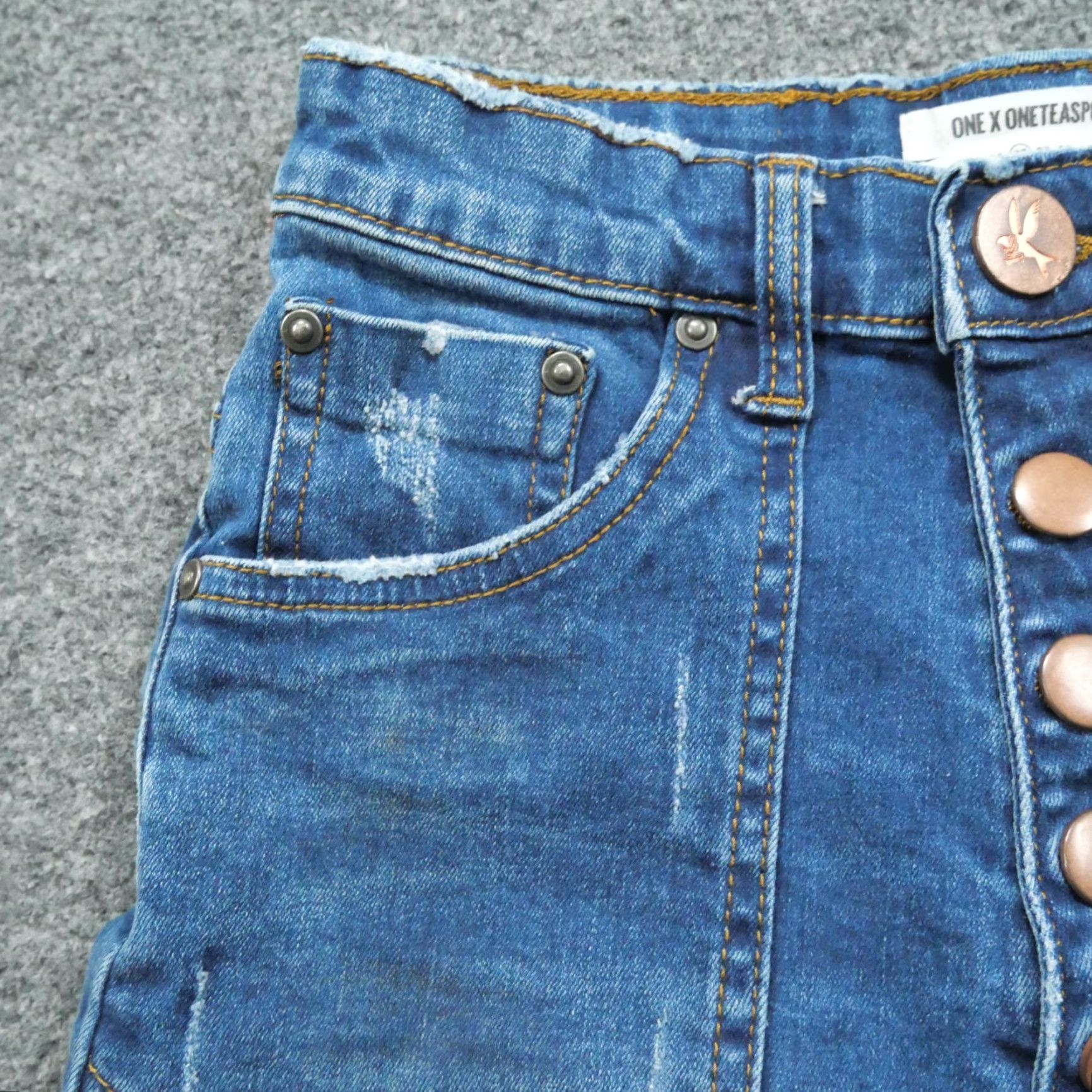 Vintage One X One Teaspoon Denim Bermuda Shorts Womens 26 Blue Button Fly Distressed Grunge Pockets Vintage No Size 42" / US 20 - 2 Thumbnail