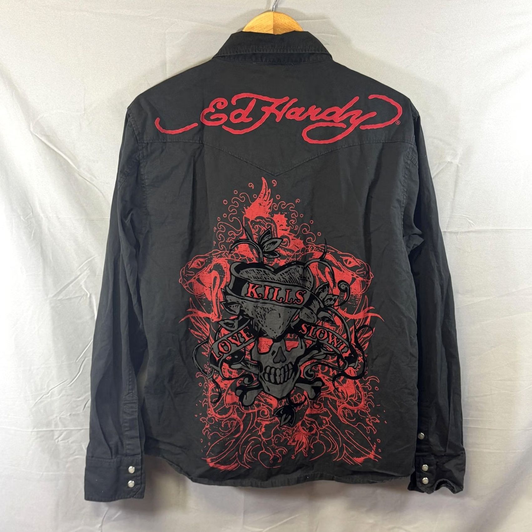 Ed Hardy VINTAGE Ed Hardy Shirt Mens Large Black Button Up Love Kills Slowly Tattoo Art Western Size US L / EU 52-54 / 3 - 2 Thumbnail