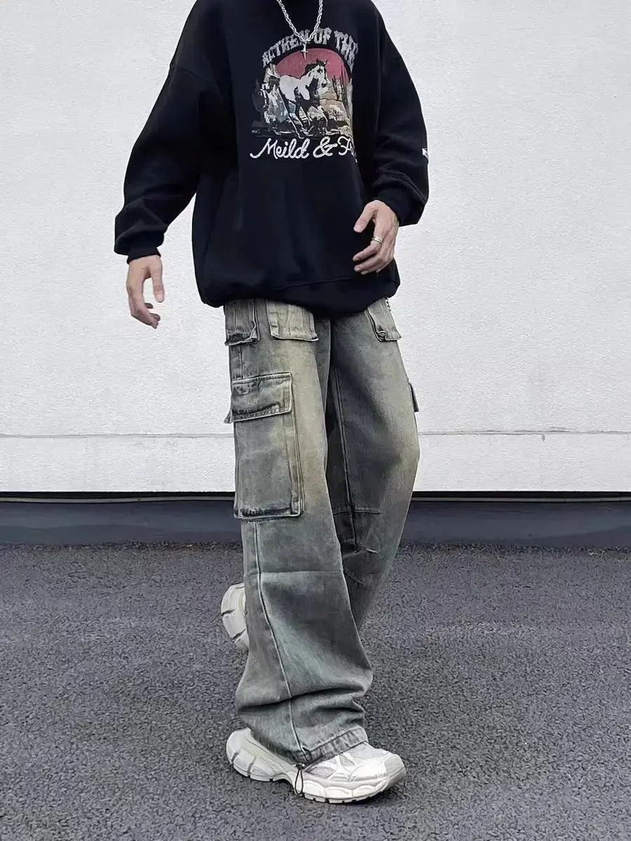 Japanese Brand Retro Distressed Yellow Mud Loose Cargo Jeans Size US 34 / EU 50 - 2 Thumbnail