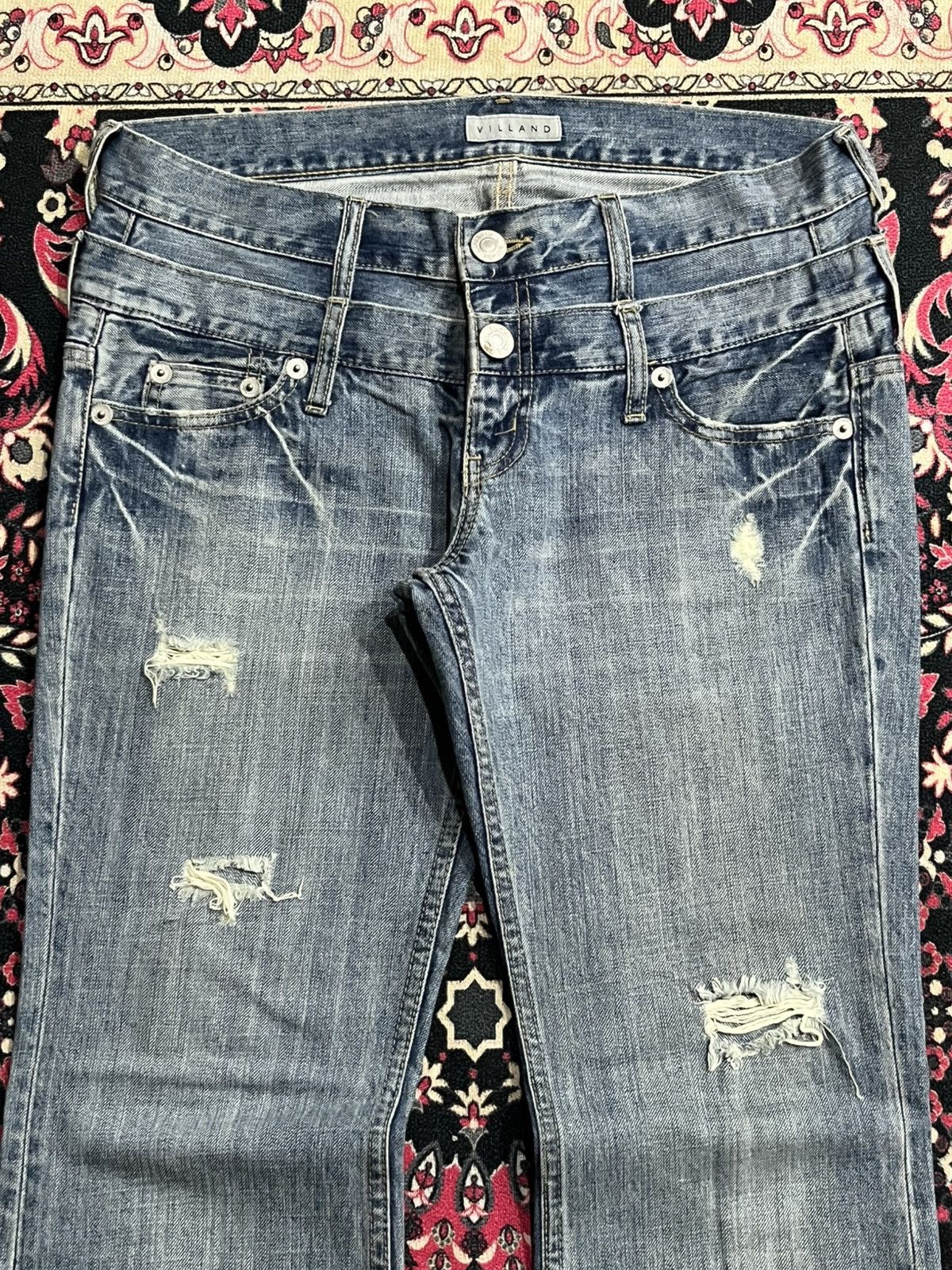 If Six Was Nine Vintage Villand Double Waist Blue Washed Distress Flare Jean Size US 32 / EU 48 - 4 Thumbnail