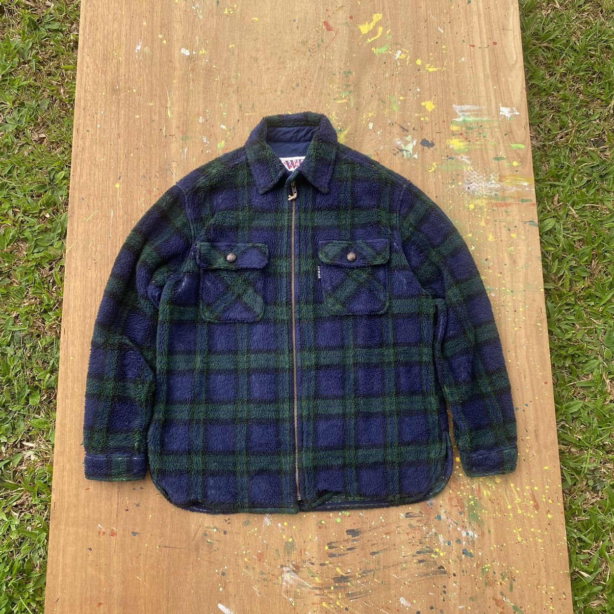 image of Vintage Winarace Plaid Double Pocket Sherpa Zipper Jacket in Green/Blue, Men's (Size Medium)
