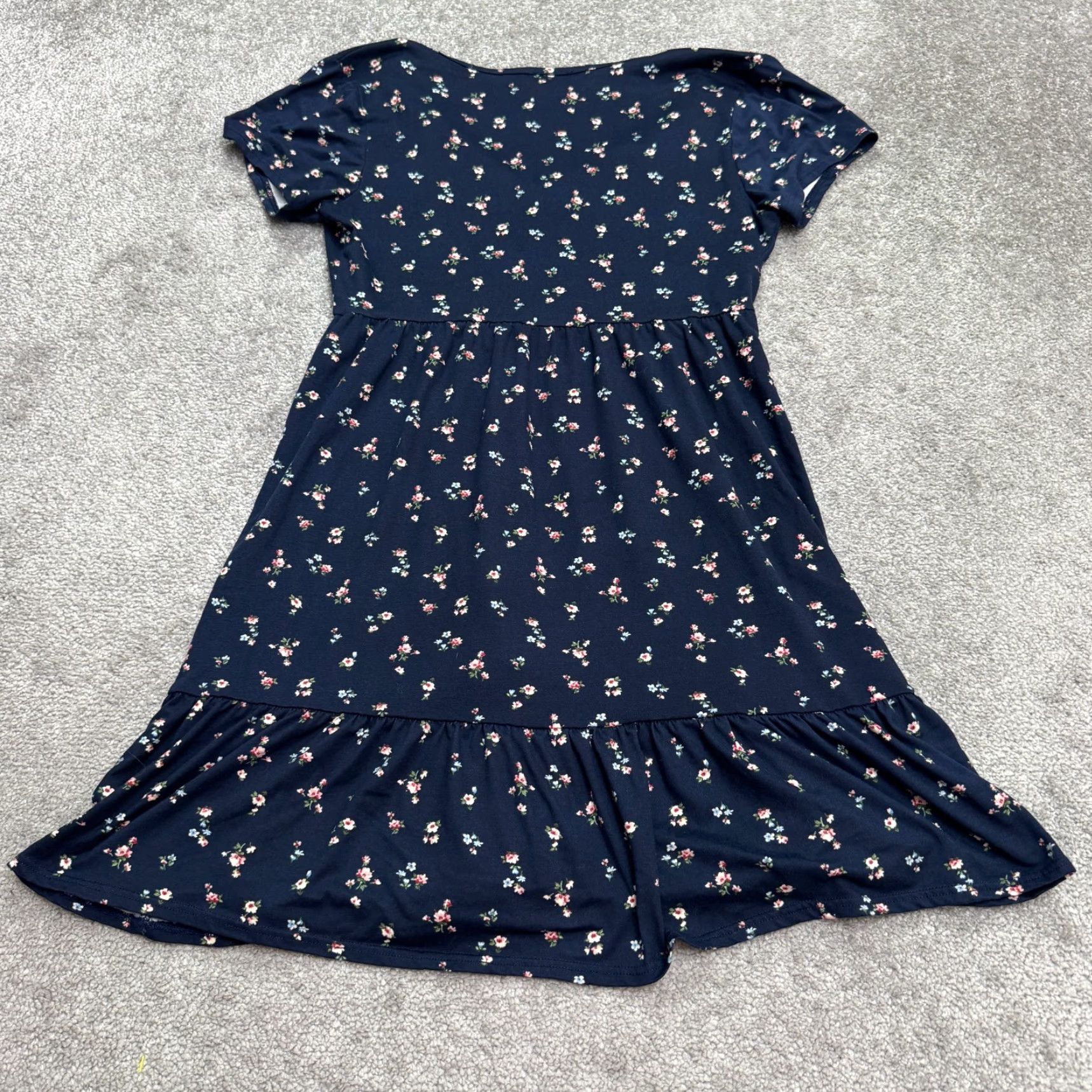 Vintage Dee Elly Women's Ruffle A-Line Midi Dress Casual Summer Floral Blue V-Neck Short Sleeve Medium Size 32" / US 10 / IT 46 - 2 Thumbnail