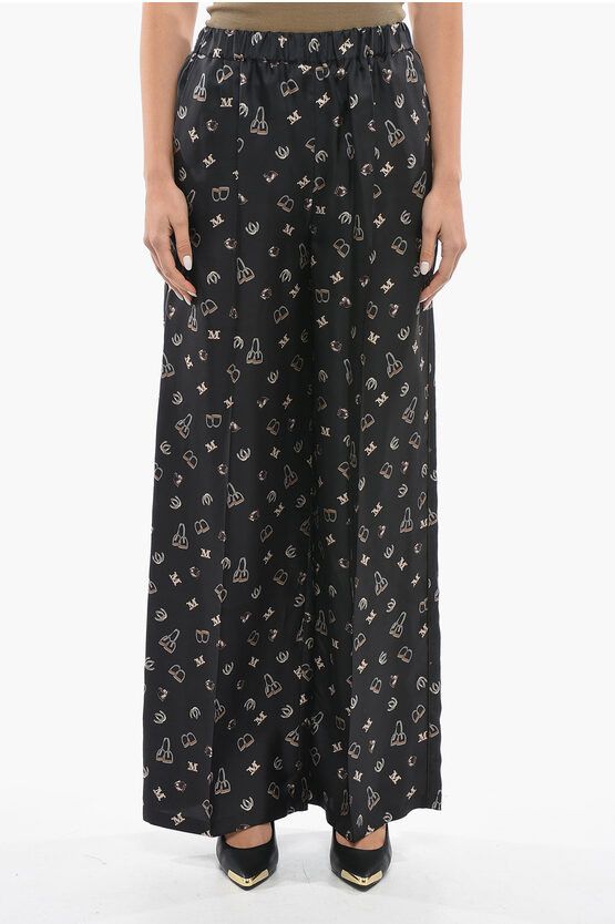 image of Max Mara Printed Silk Nebbia Palazzo Pants in Black, Women's (Size 26)