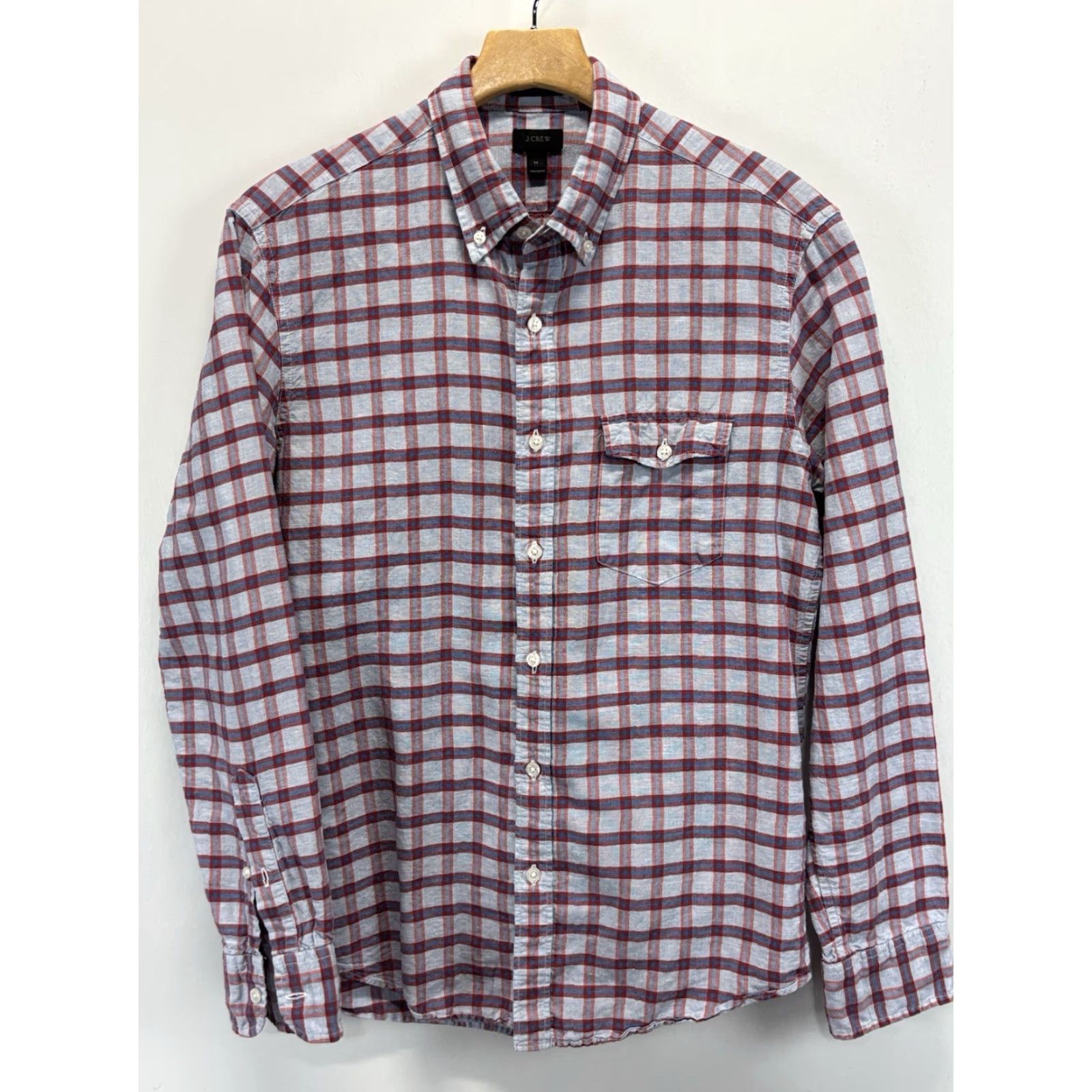 J.Crew VINTAGE J.CREW Linen Blend Button-Down Shirt Mens Medium Blue Windowpane Plaid Slim Fit Size US M / EU 48-50 / 2 - 2 Thumbnail