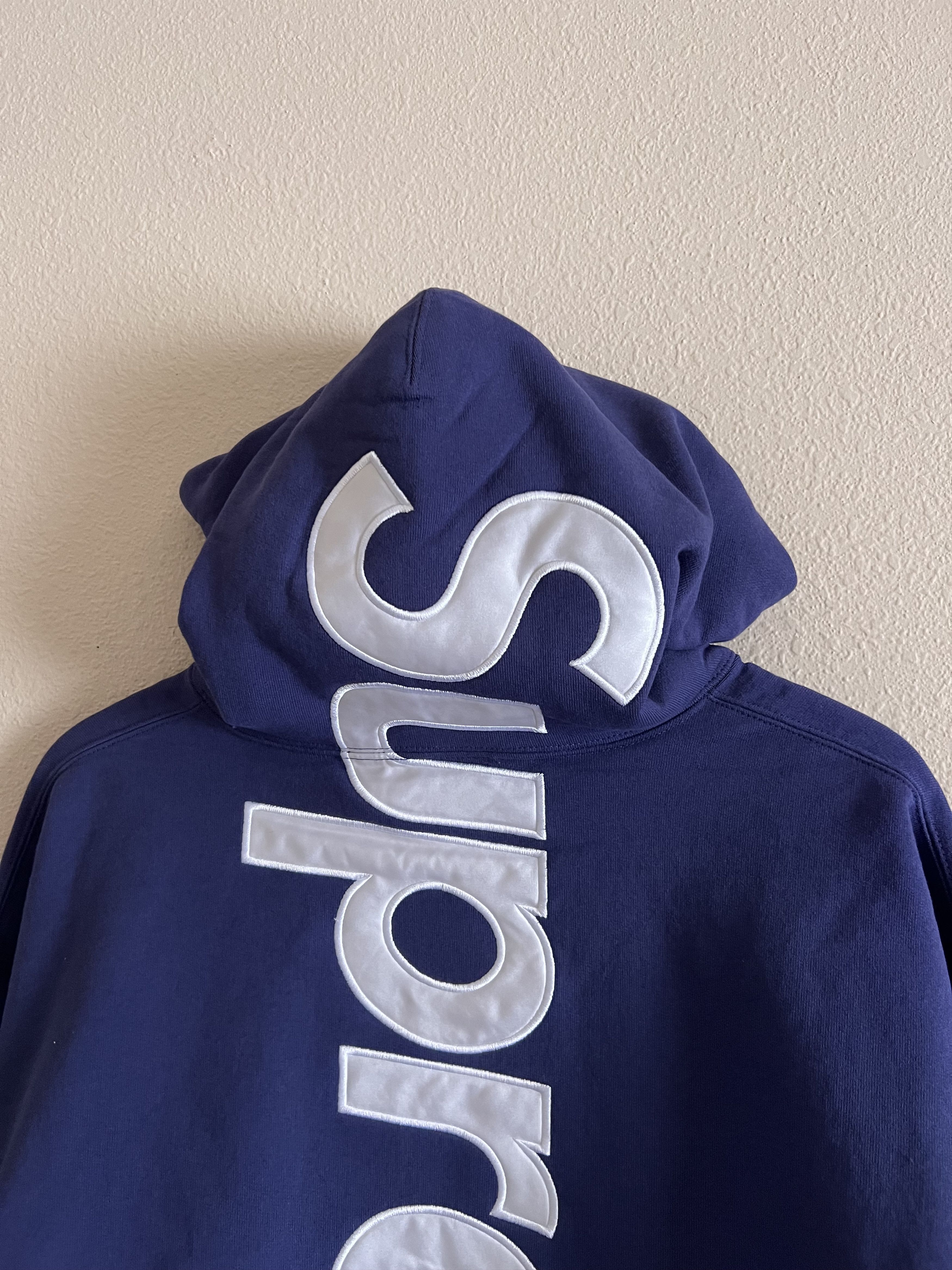 Supreme Supreme Satin Applique Hooded Sweatshirt in Washed Navy | Grailed