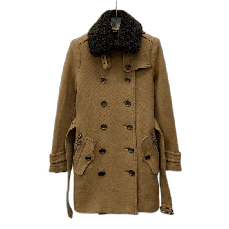 Burberry Camel Wool Peacoat with Fur Collar