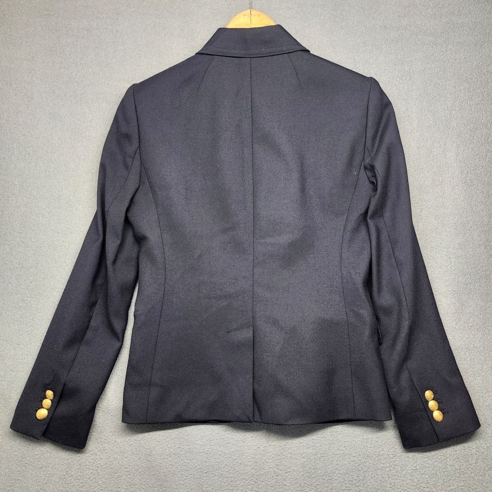 J.Crew J.CREW Schoolboy Wool Blend Blazer 2P Navy Blue Gold Buttons Womens Petite Small Button Closure Long Sleeve Blazer EXCELLENT Size XS / US 0-2 / IT 36-38 - 2 Thumbnail