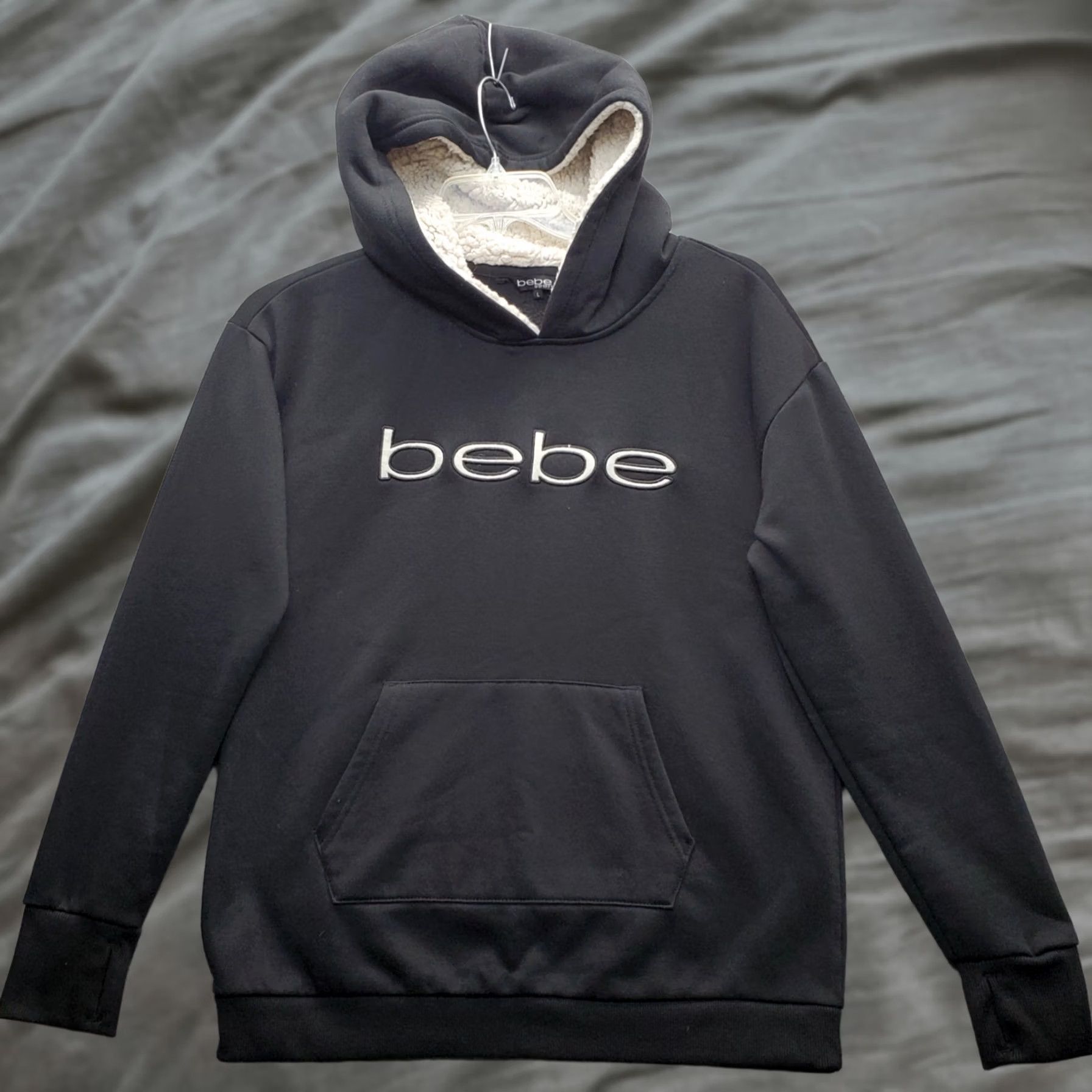 Bebe Bebe Womens Hoodie Size L Black Fleece Lined Sherpa Hood Kangaroo Pockets Pullover Size L / US 10 / IT 46 - 1 Thumbnail