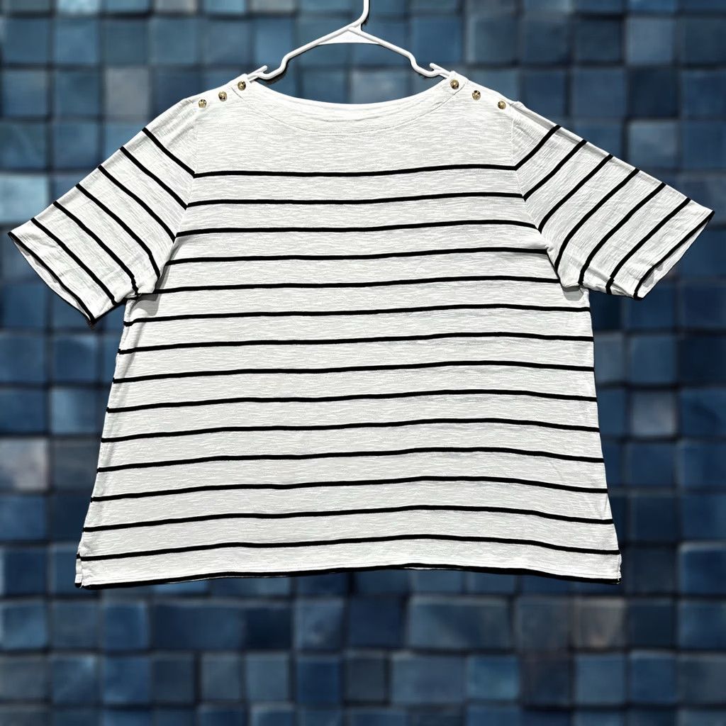 J. Jill J Jill Shirt Womens XL White Black Striped Boat Neck Shoulder Buttons GUC Size XL / US 12-14 / IT 48-50 - 1 Thumbnail