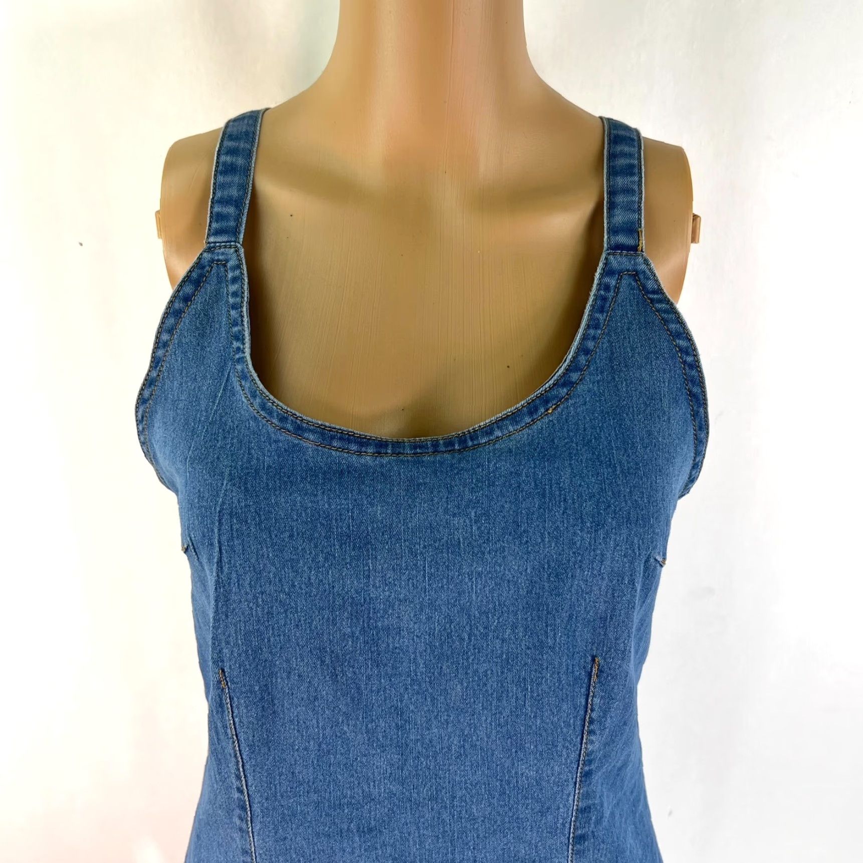 Denime VINTAGE Highway Jeans Denim Strapless Mini Dress Womens Size L Blue Cross Back Strap 90s Hippie Dress Womens Size 36" / US 14 / IT 50 - 2 Thumbnail