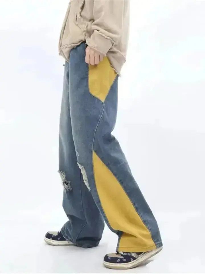 Japanese Brand Cyber Y2K Fashion Contrast Color Spliced Baggy Ripped Jeans Size US 32 / EU 48 - 6 Thumbnail