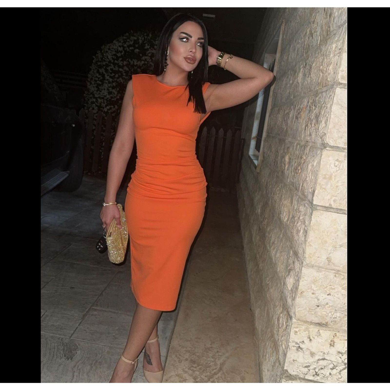 ZARA Orange Fitted Midi Dress NWT