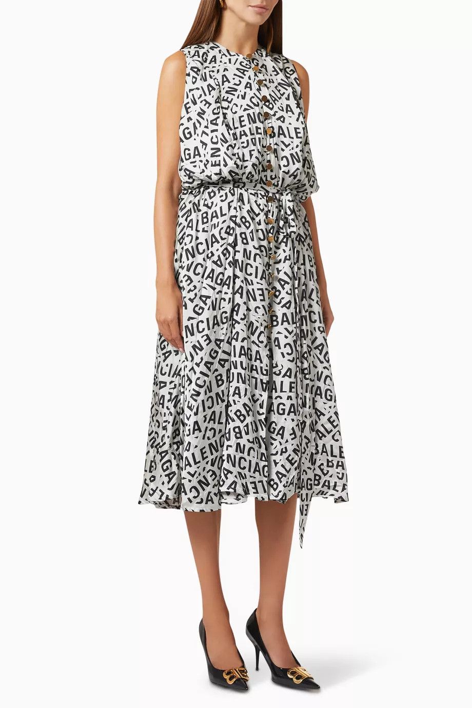 Balenciaga o1y0625 Sleeveless Midi Dress in Light Gray/Black Size L / US 10 / IT 46 - 1 Thumbnail