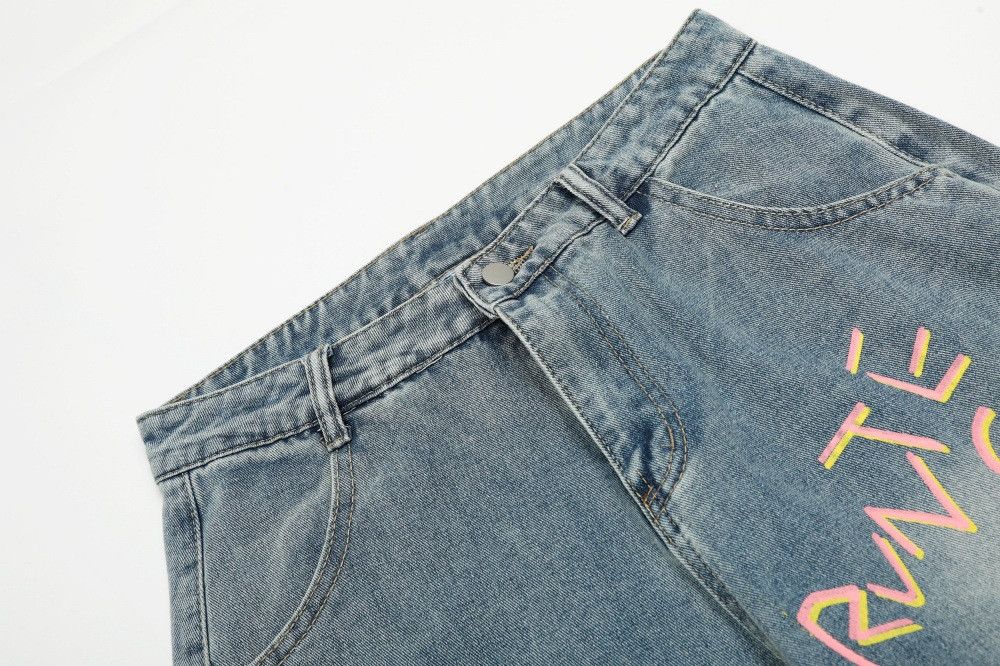 Jean Men's American graffiti letter print washed jeans y2k Size US 32 / EU 48 - 3 Thumbnail