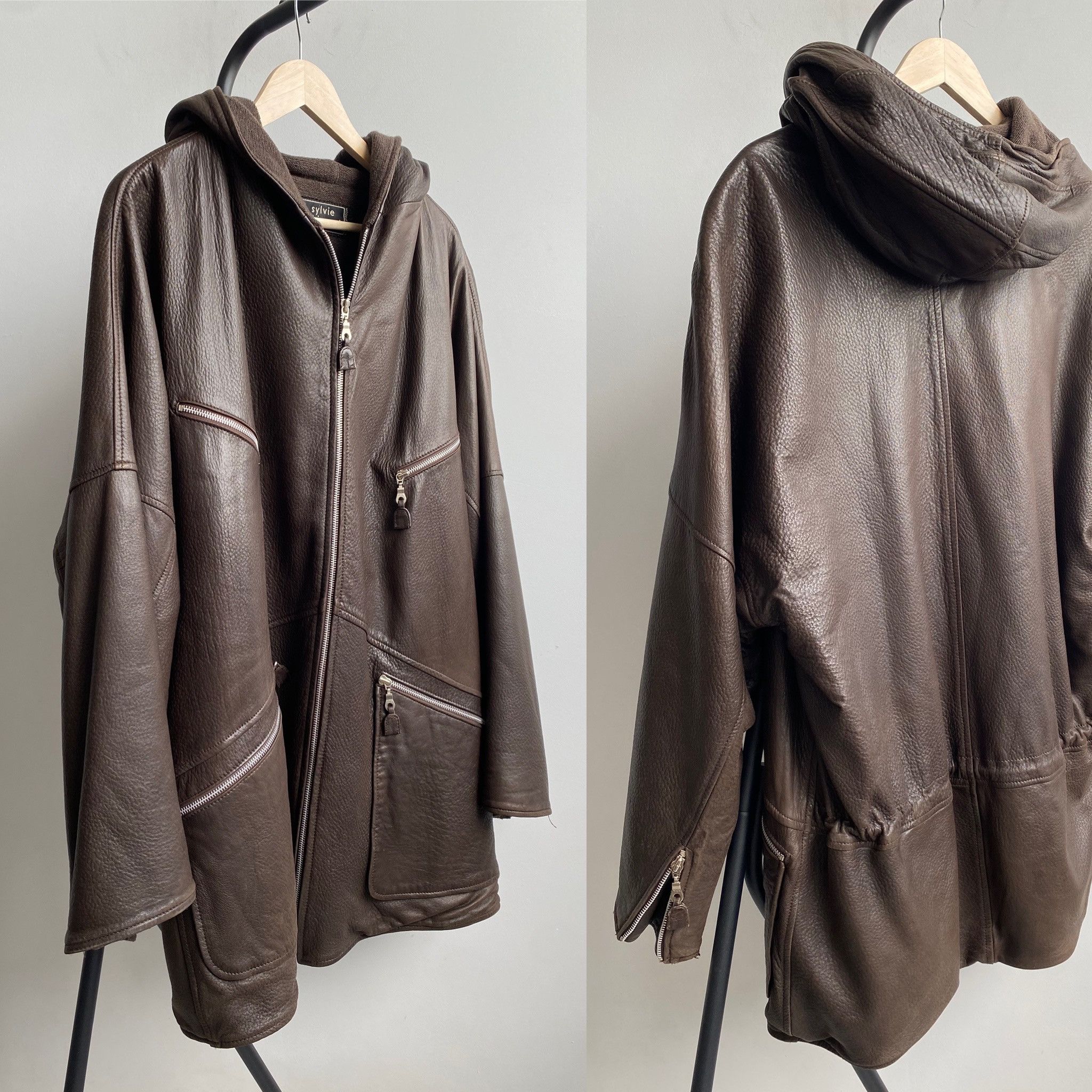 Other Sylvie Schimmel Paris Leather Hooded Oversized Jacket Size XS / US 0-2 / IT 36-38 - 1 Thumbnail