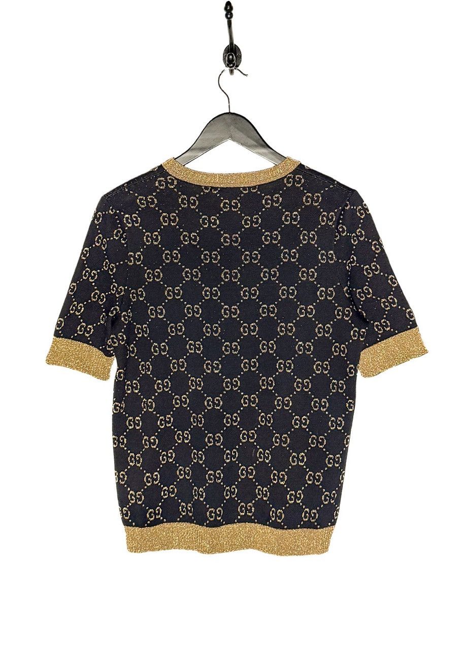 Gucci Gucci Navy Blue Cotton Lamé GG Jacquard Knit Top Size L / US 10 / IT 46 - 4 Thumbnail