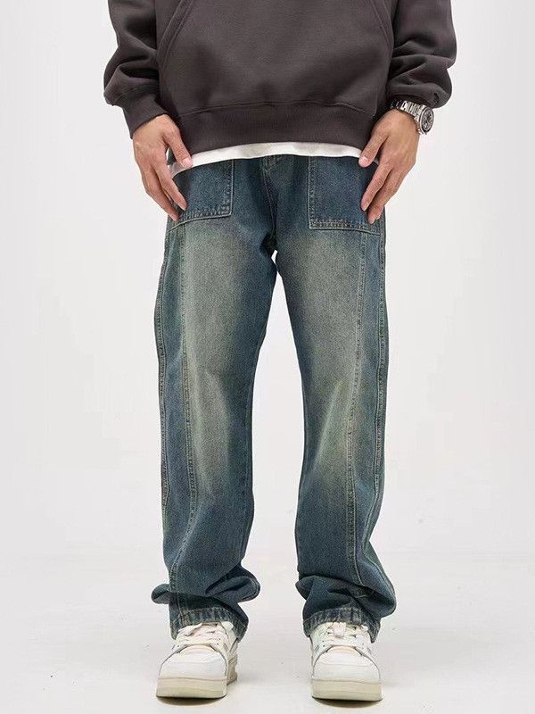 Jean Retro washed distressed men's loose casual patchwork jeans Size US 32 / EU 48 - 1 Thumbnail