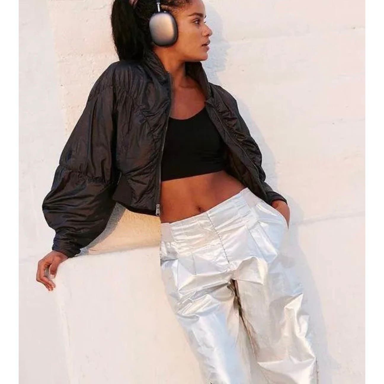 image of Free People Movement Black Glitz Blitz Bomber Jacket NWT Med, Women's (Size Medium)