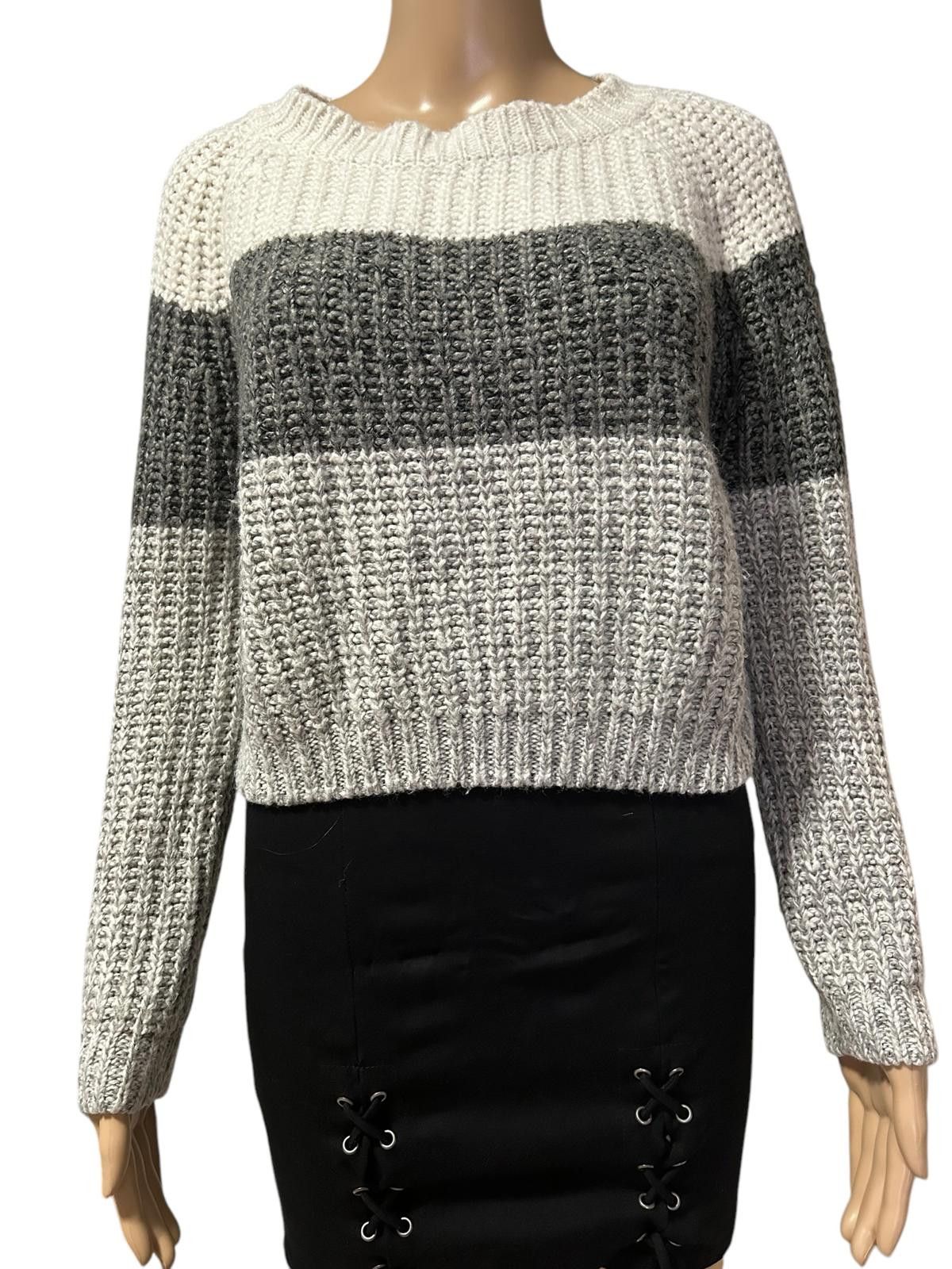 Designer Cozy Chunky Knit Sweater - Gray and White Stripes Size S / US 4 / IT 40 - 2 Thumbnail