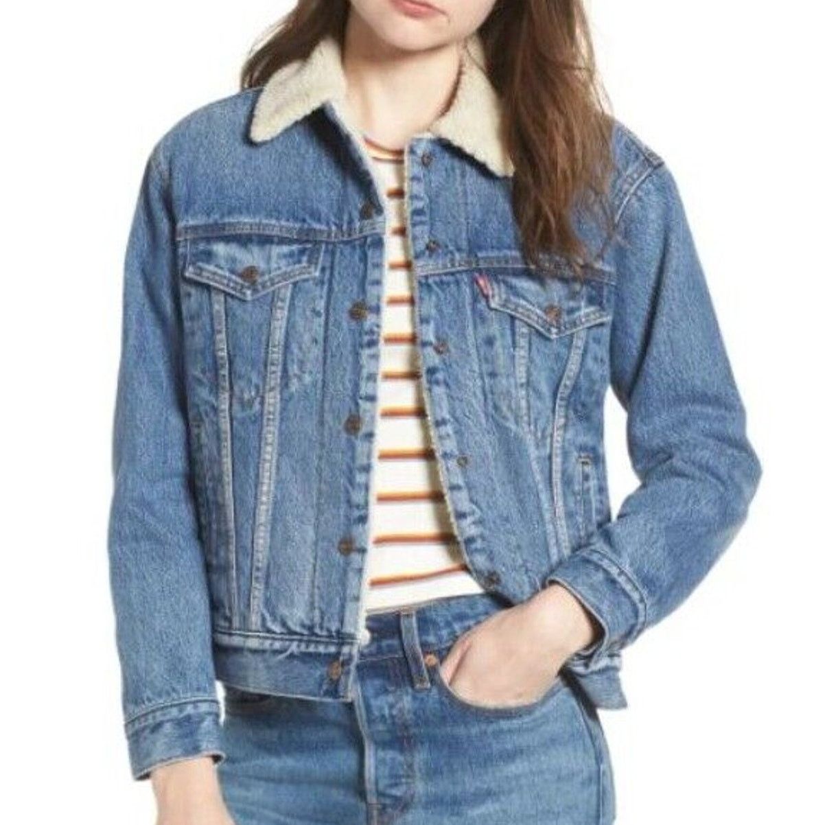 Levi's Levis Womens Denim Jacket Ex-Boyfriend Faux Sherpa Lined Size L / US 10 / IT 46 - 1 Thumbnail