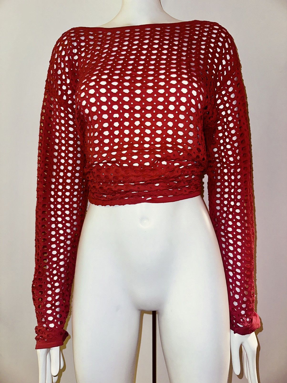 image of Versace - Red Archival Unisex Fishnet Top W Medusa Detail, Women's (Size XL)