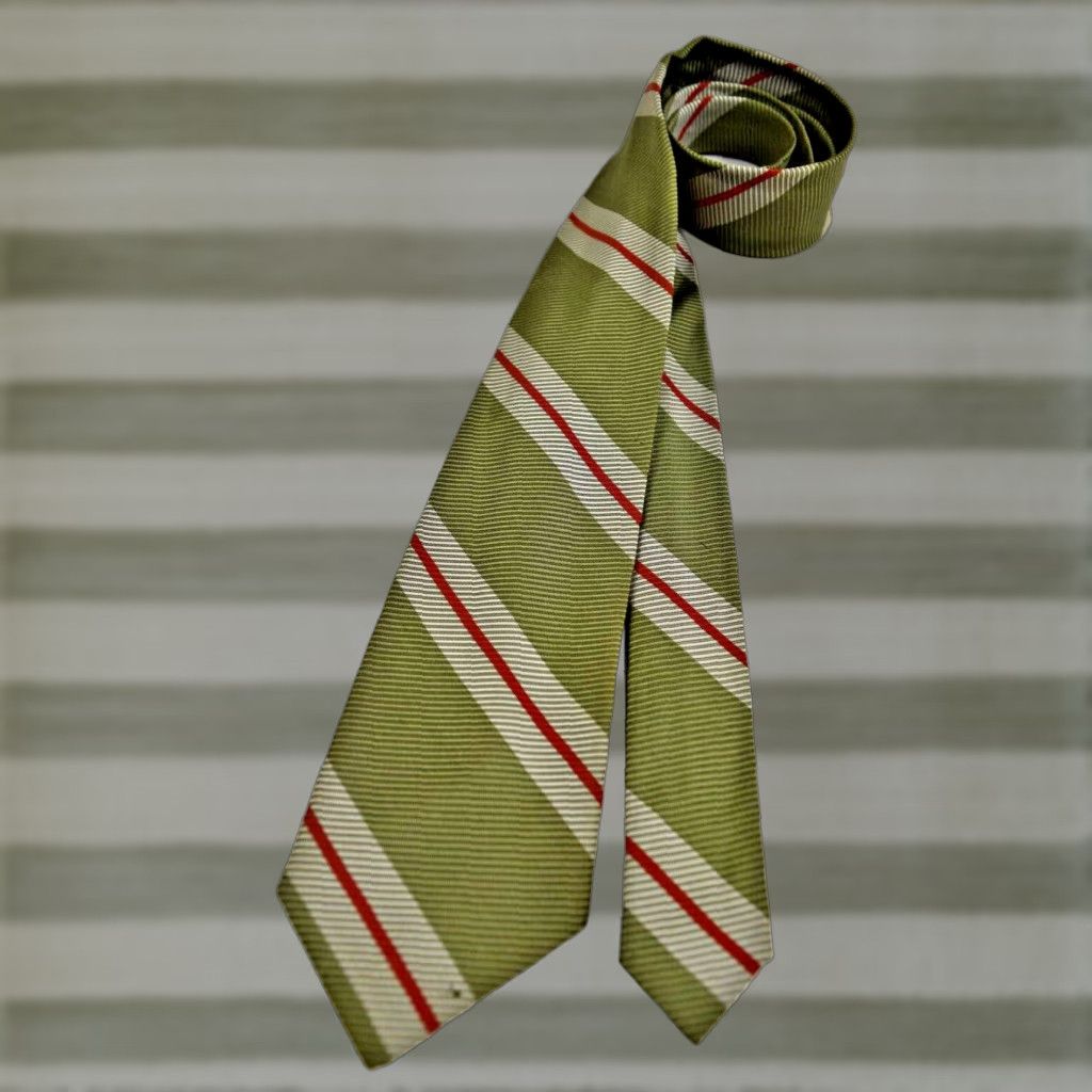 VINTAGE Wembley Neck Tie 1950s 1960s Avocado Red Ivory Stripe 53.5