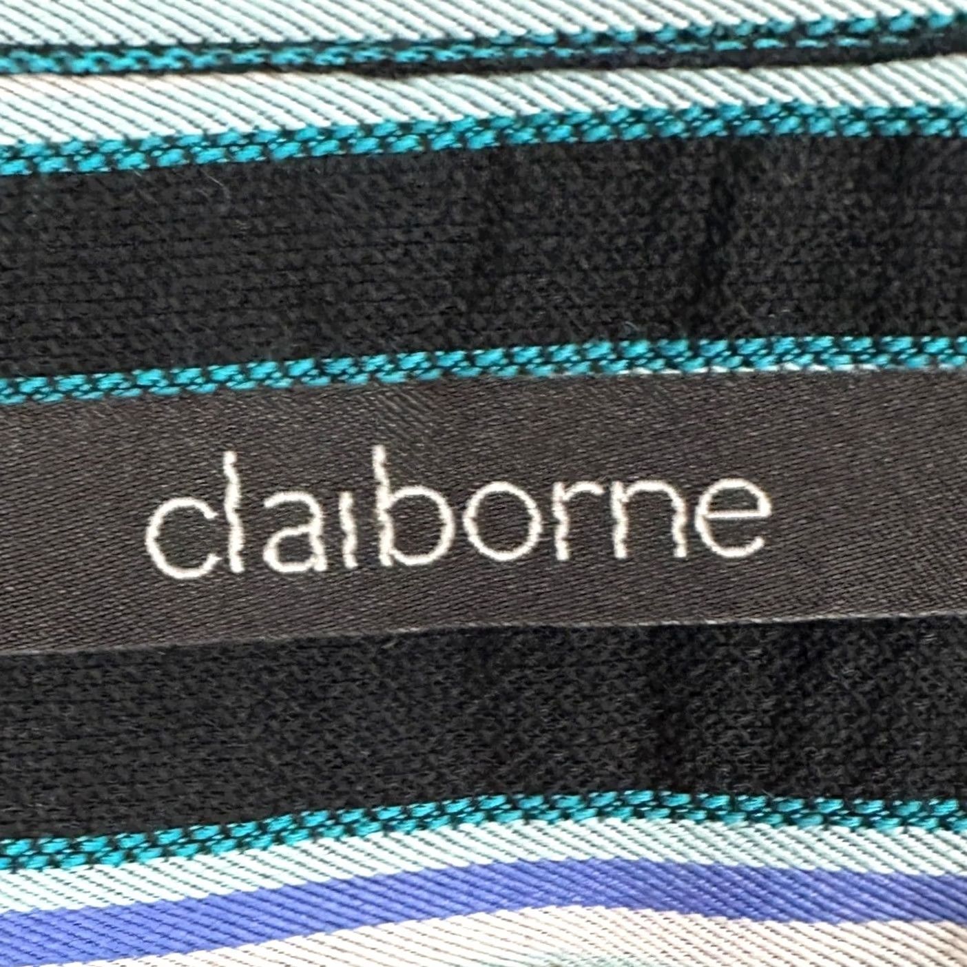 Liz Claiborne Claiborne Mens Large Modern Fit Shirt Dress Black Green Striped French Cuff EUC Size 42R - 4 Thumbnail