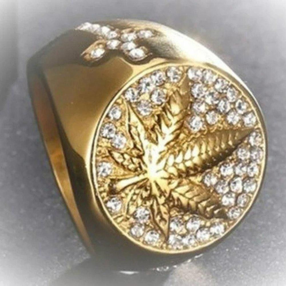 Designer Round Cross Maple Leaf Gold Signet Ring - Size 7 Size ONE SIZE - 7 Thumbnail